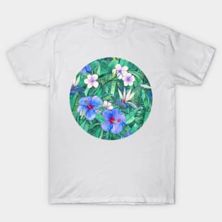 White Bird of Paradise & Blue Hibiscus Tropical Garden T-Shirt